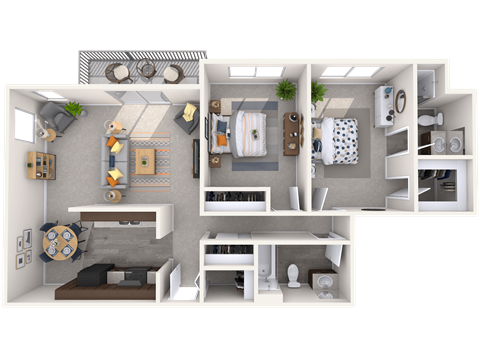Floor plan for 2 beds, 2 baths, 1050 sqft